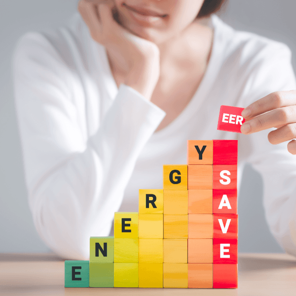 Rainbow wooden blocks showing energy savings