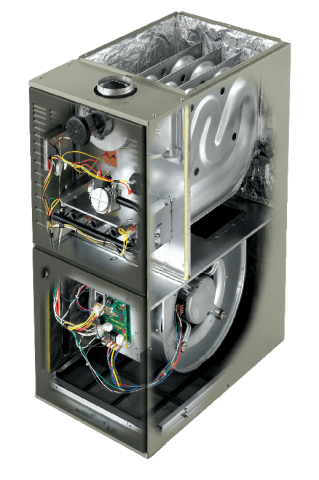 A cross-section of the Trane S8X2 furnace shows its major components, including its blower fan, heat exchanger, and circuitry.
