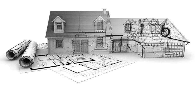 A house surrounded by blueprints, showcasing architectural plans and designs for construction.